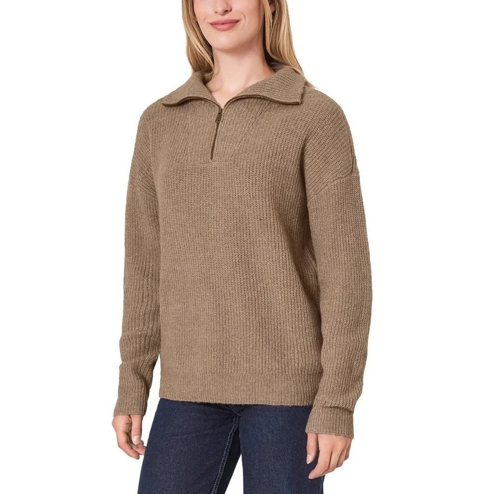 NWT Modern Ambition Women's L Brown Knit Quarter Zip Sweater Merino Wool Blend